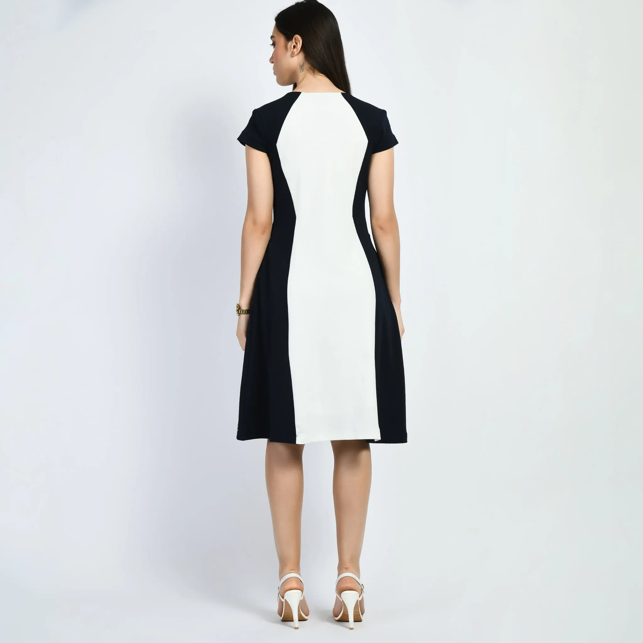 Navy Blue Cotton Blend Blocked Sculpt A-Line Dress