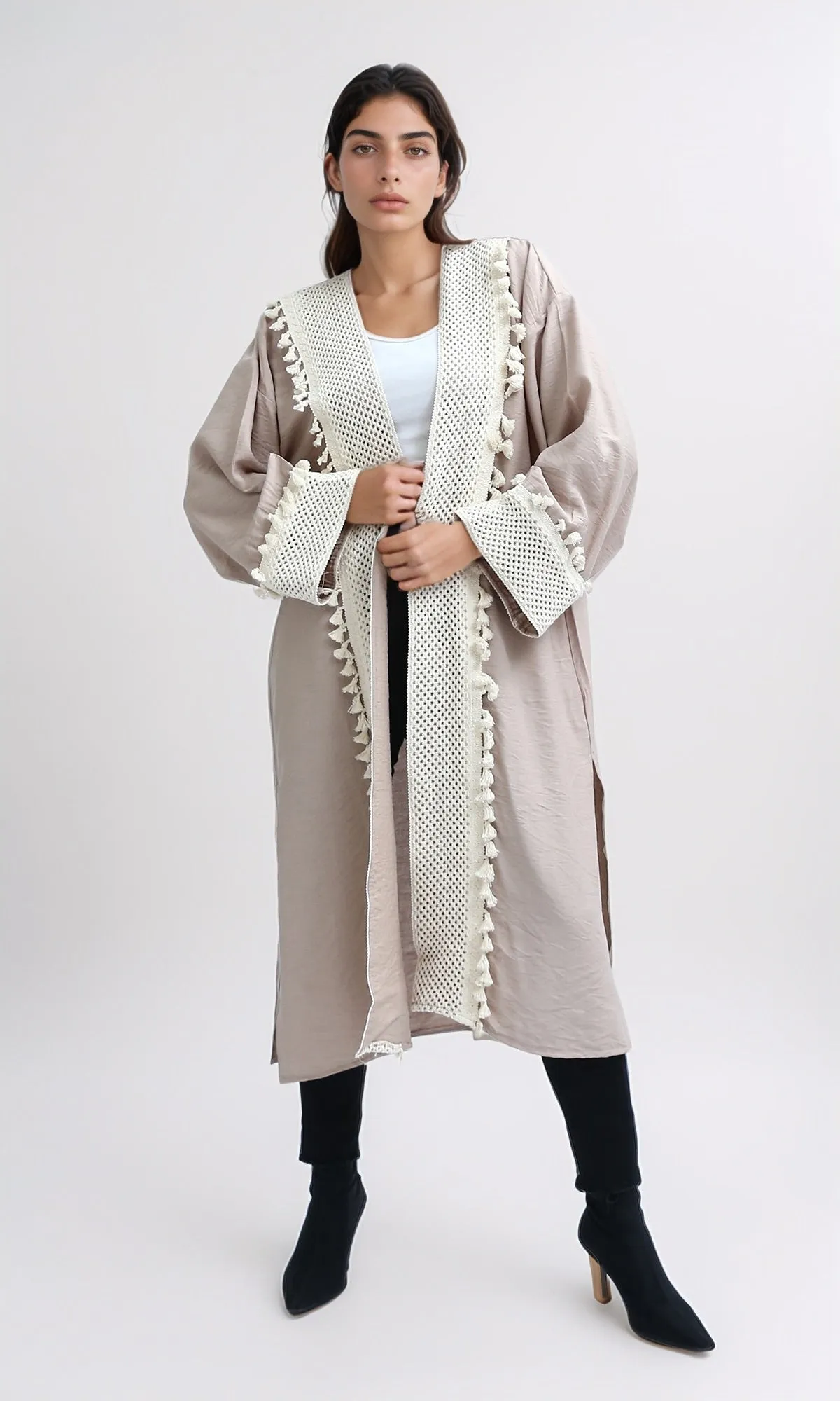 O198047 Long Sleeves Coffee Crochet Summer Cardigan