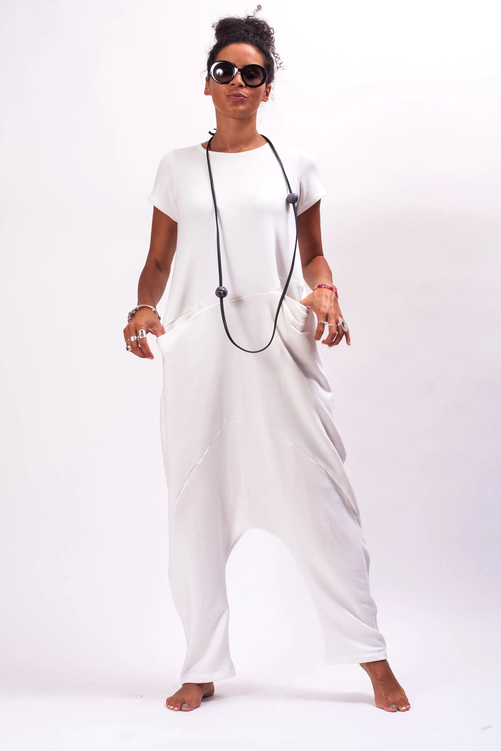 Oversized White Harem Overalls