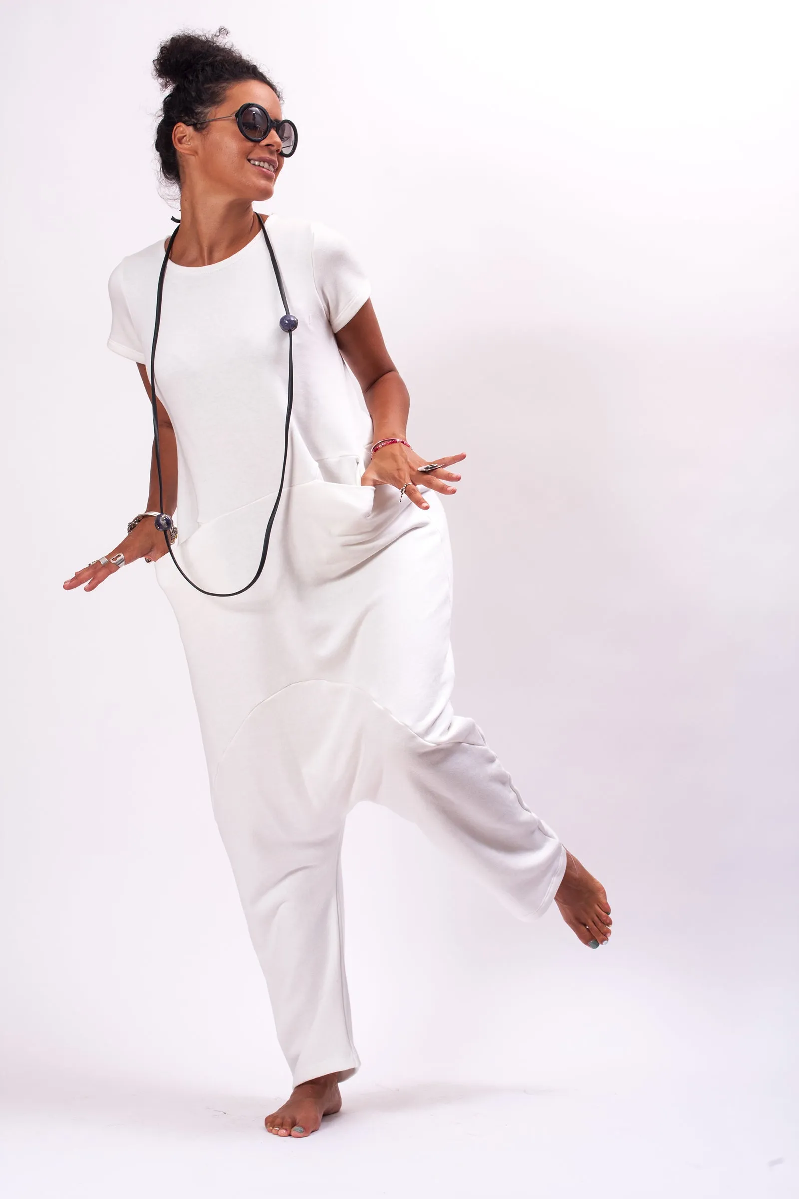 Oversized White Harem Overalls