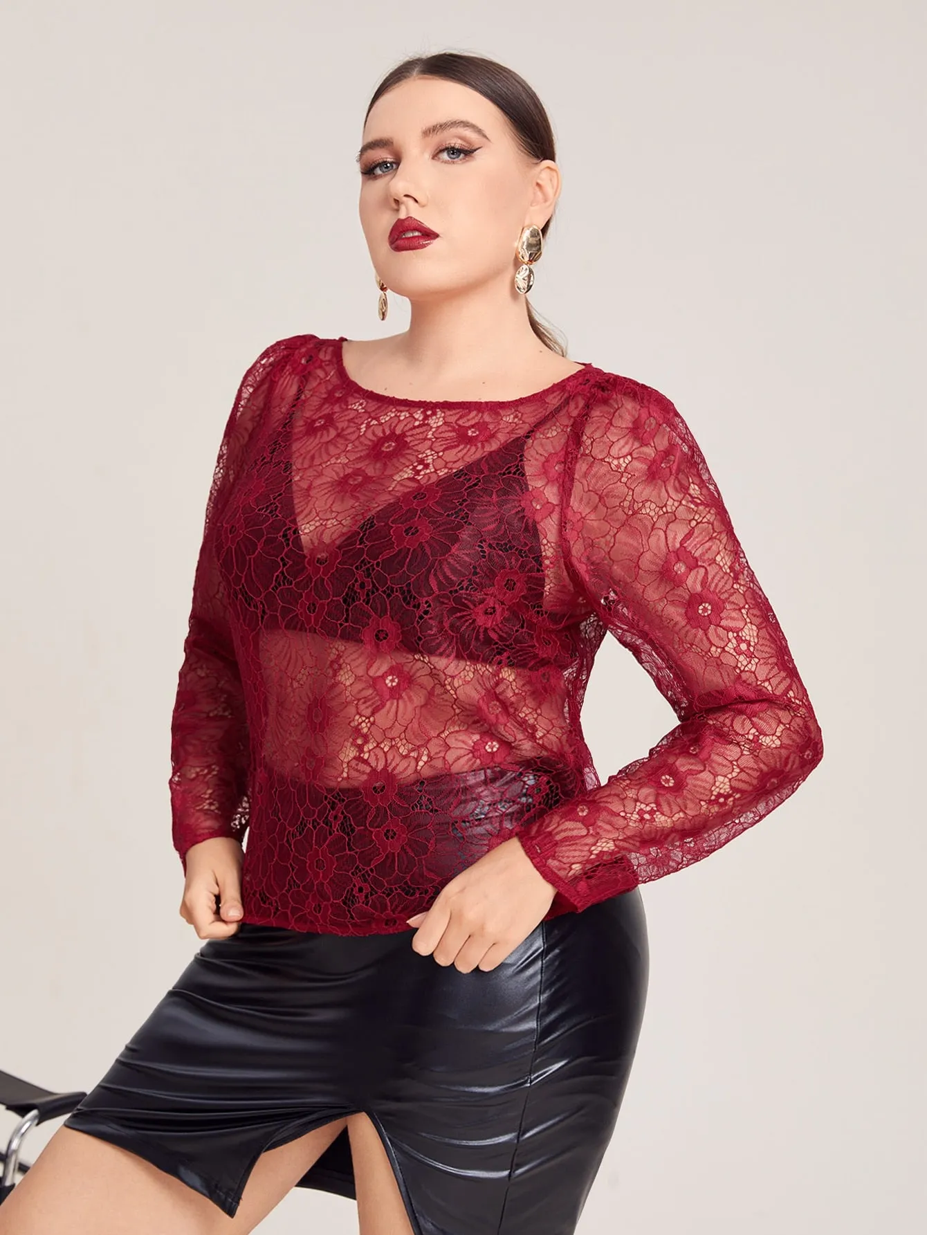 Plain Sheer Long Sleeve Round Neck Long Plus Size Women Top