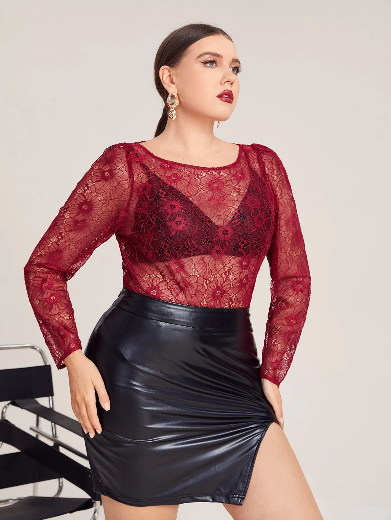 Plain Sheer Long Sleeve Round Neck Long Plus Size Women Top