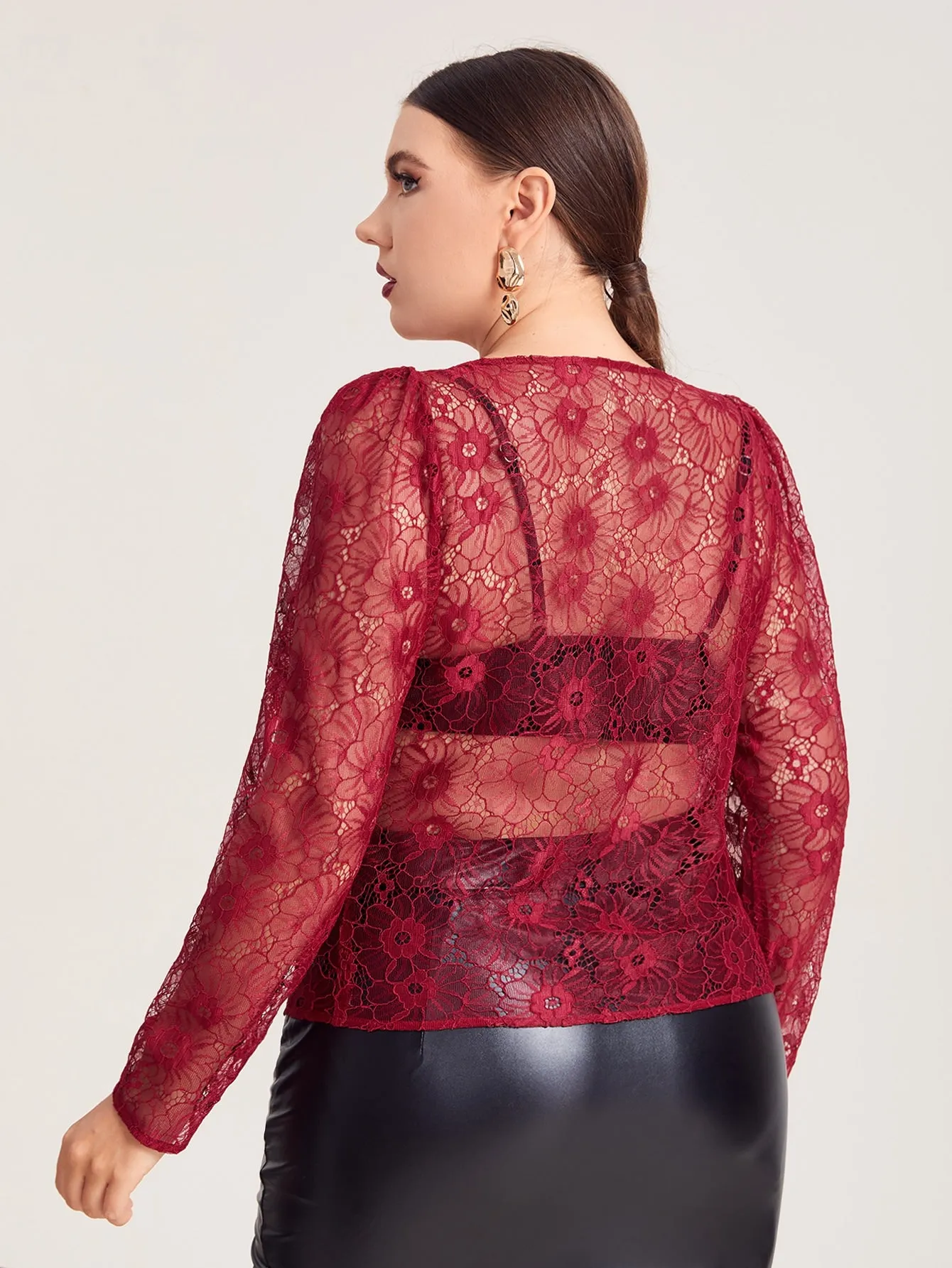 Plain Sheer Long Sleeve Round Neck Long Plus Size Women Top