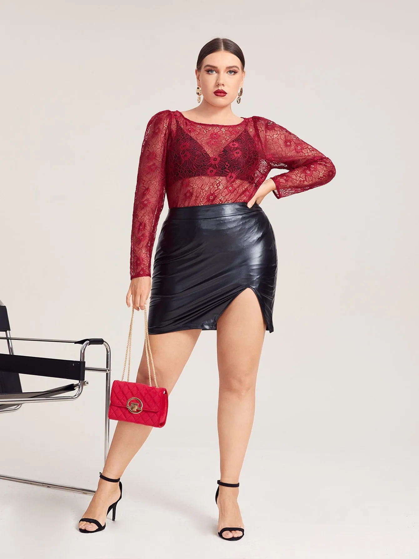 Plain Sheer Long Sleeve Round Neck Long Plus Size Women Top