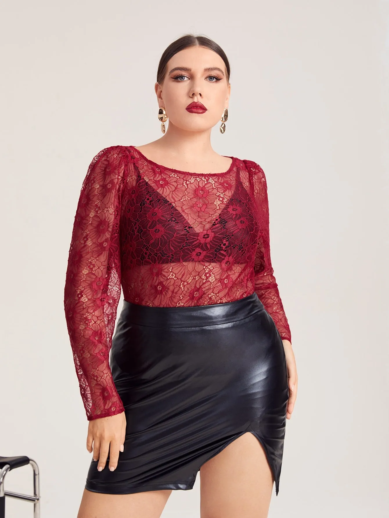 Plain Sheer Long Sleeve Round Neck Long Plus Size Women Top
