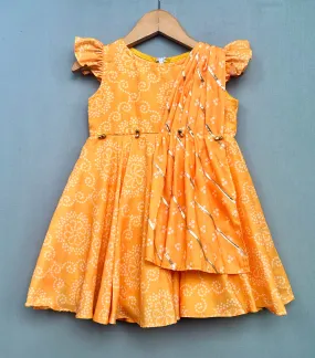 Pre-Order: Bright Yellow Bandhani Print Dress with Attached Dupatta