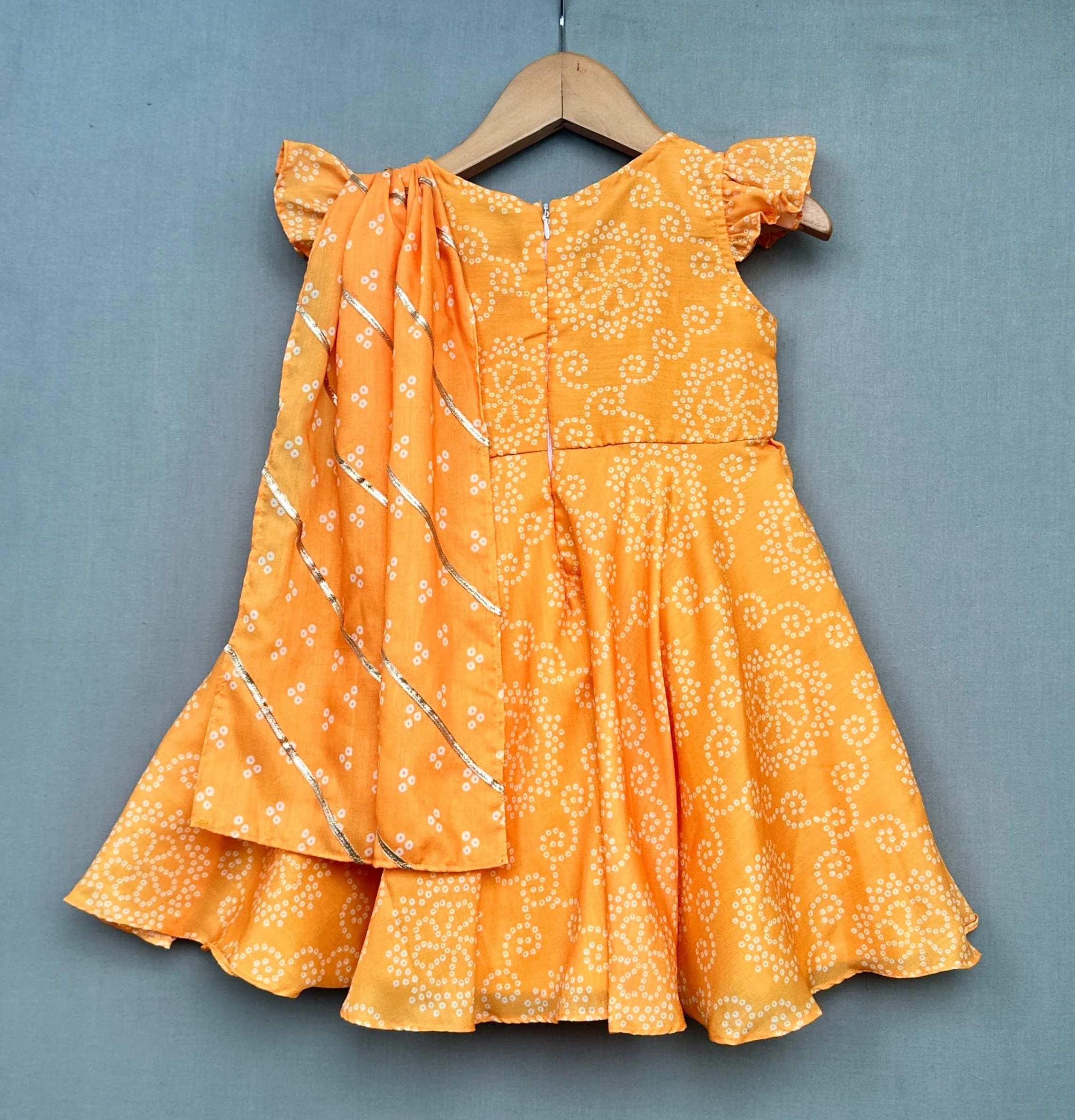 Pre-Order: Bright Yellow Bandhani Print Dress with Attached Dupatta