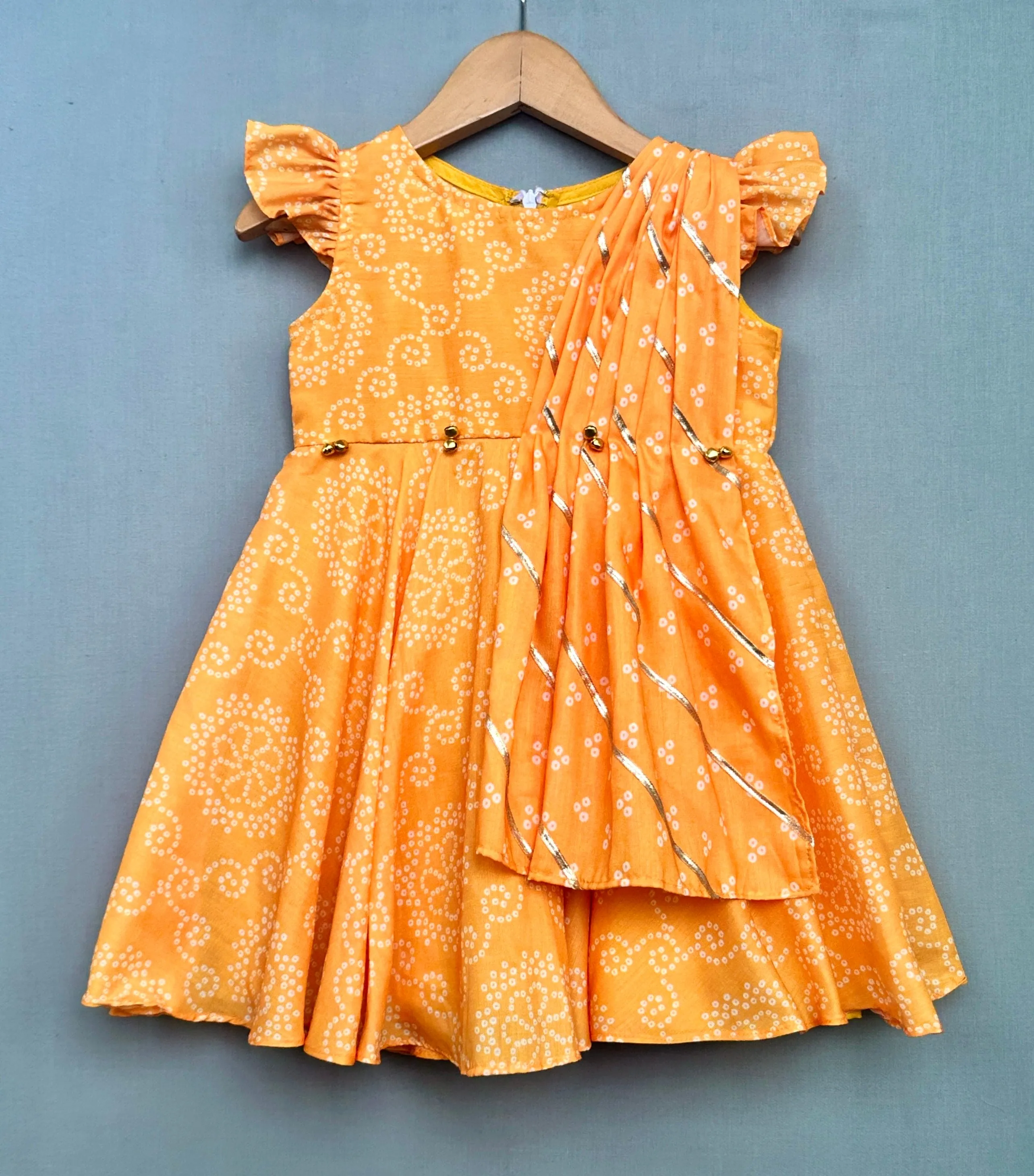 Pre-Order: Bright Yellow Bandhani Print Dress with Attached Dupatta