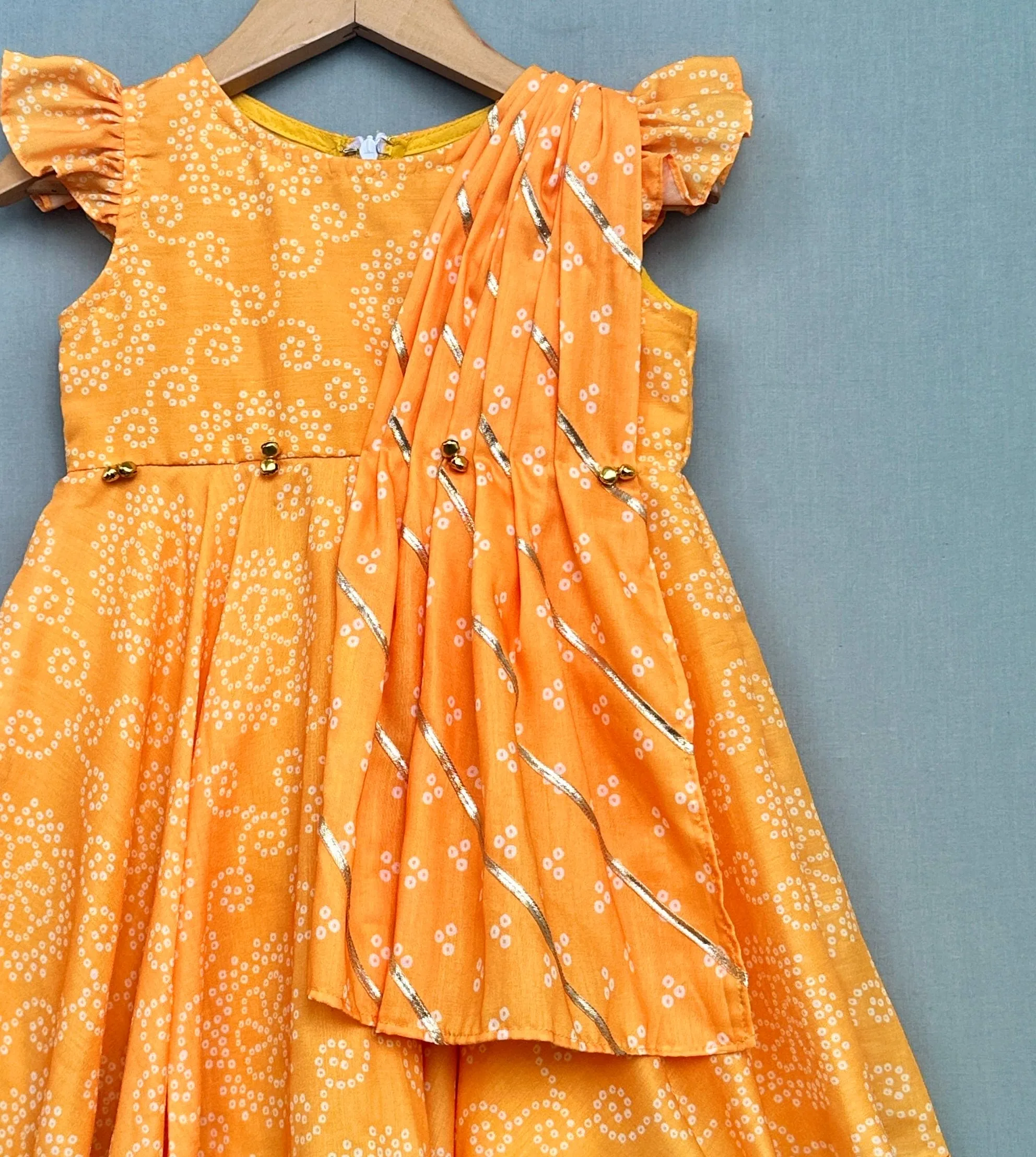 Pre-Order: Bright Yellow Bandhani Print Dress with Attached Dupatta