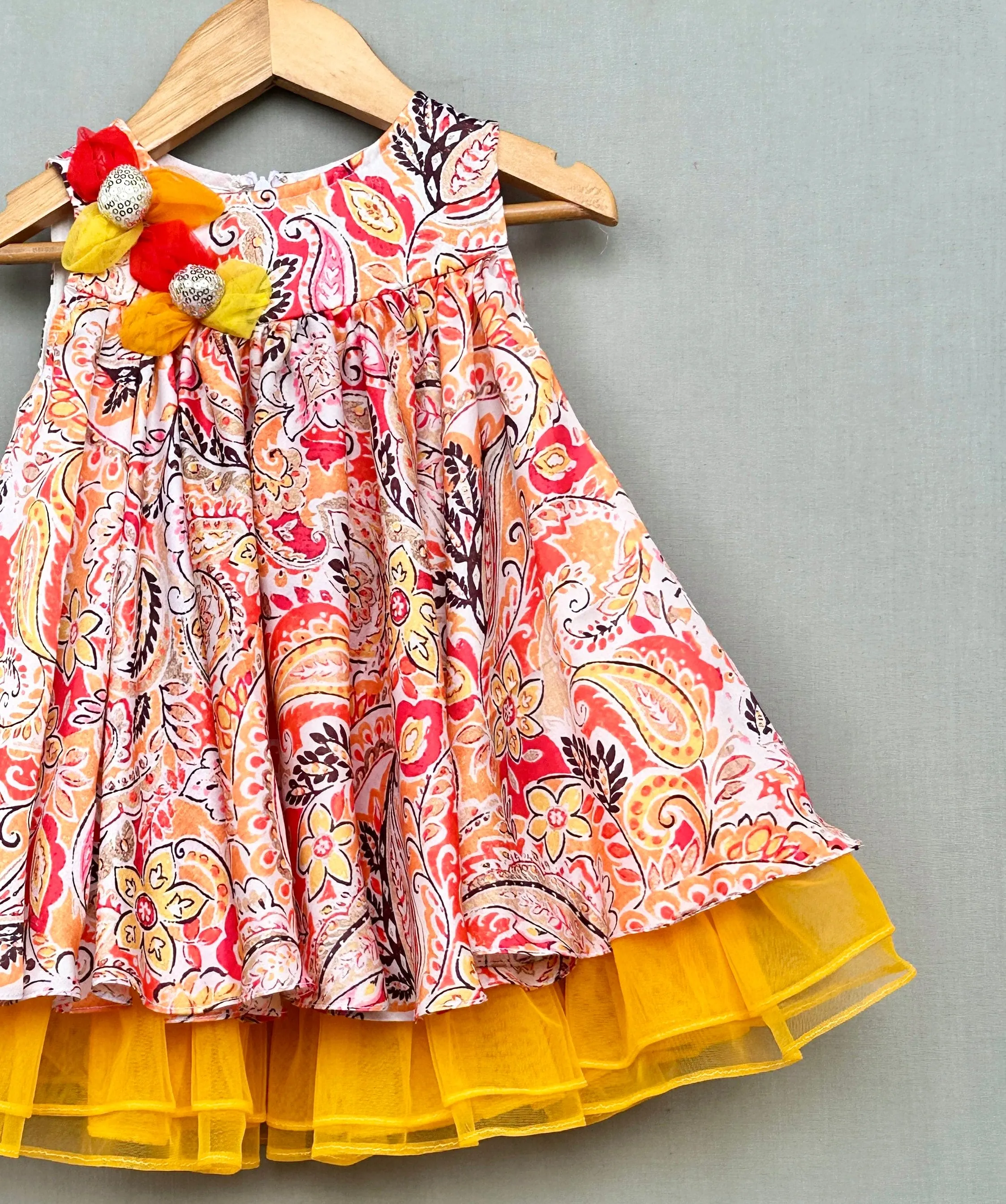 Pre-Order: Festive Paisley Printed Dress with Net Flowers
