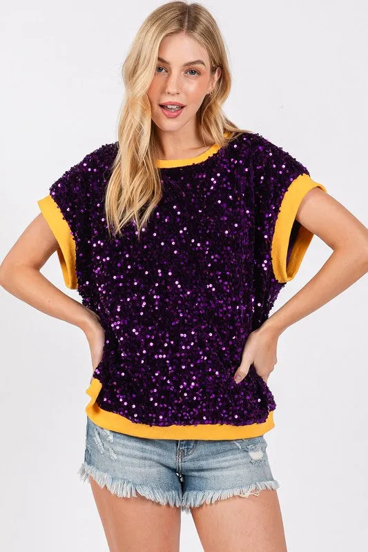 Purple/Yellow Gameday Velvet Seuquin Top