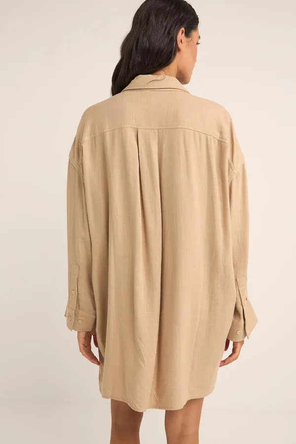 Rhythm Sun Ray Long Sleeve Shirt Dress - SAND