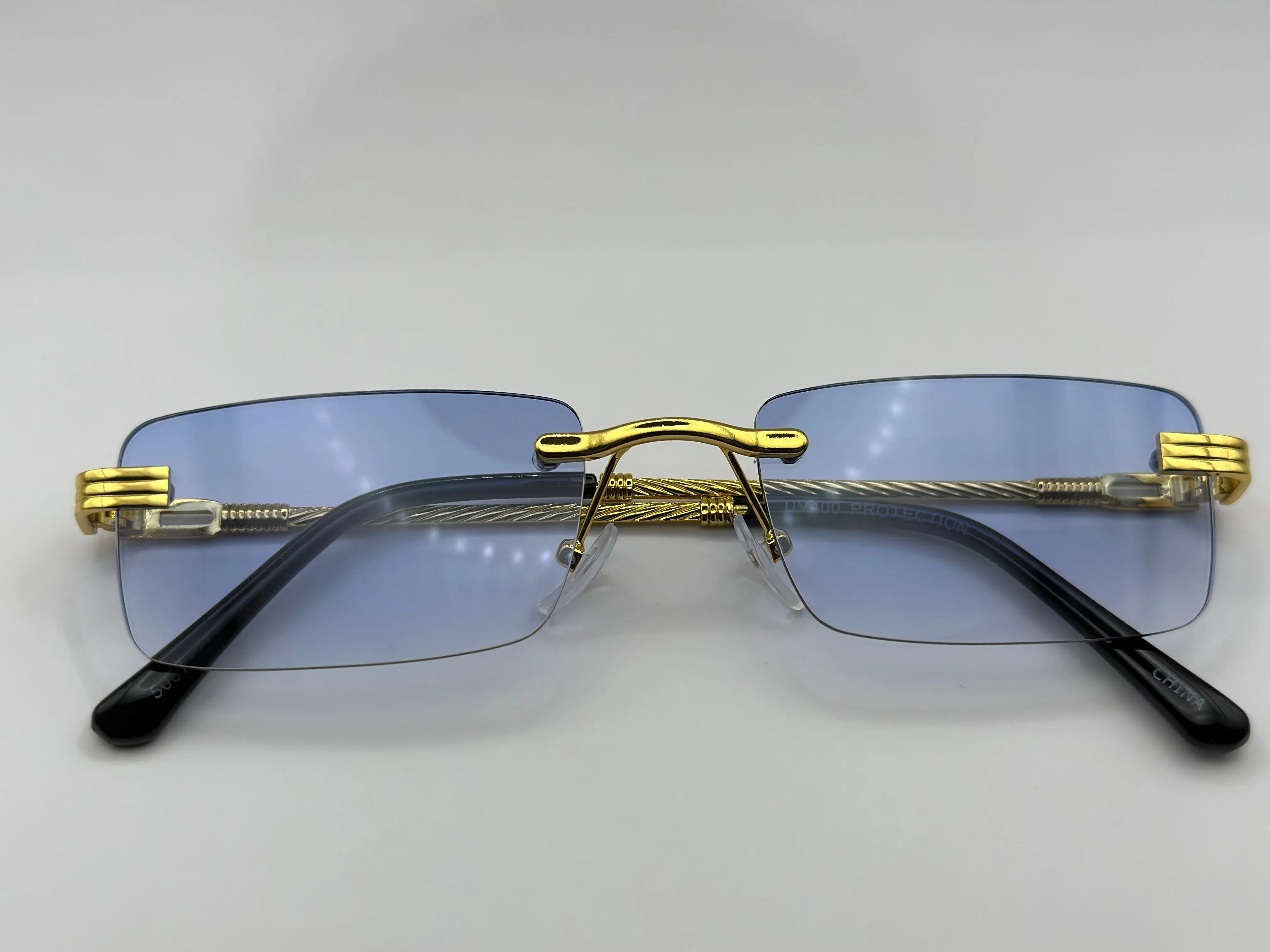 Rimless Gold Retro Blue Square sunglasses