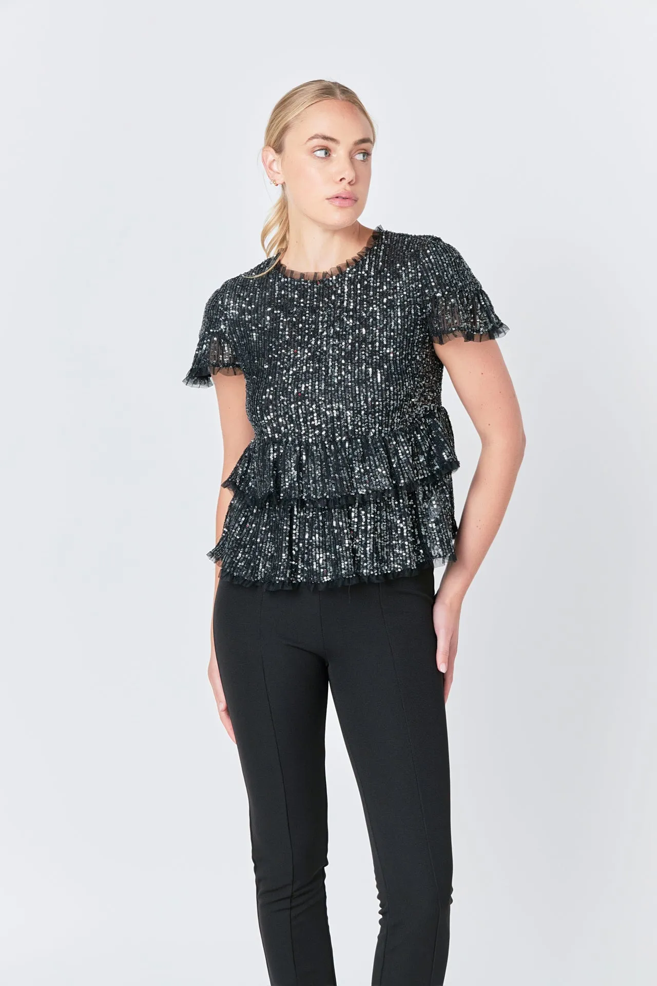 Sequins Baby Doll Top with Mesh