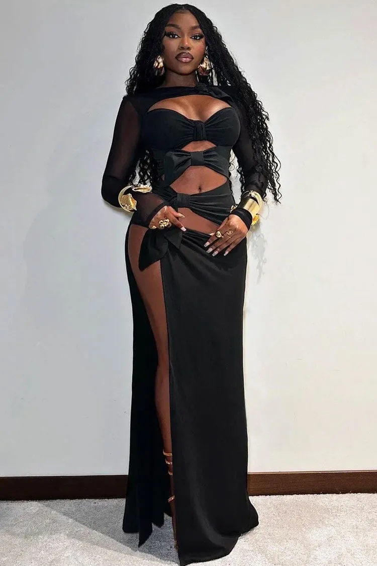 Sexy Sheer Mesh Bow Knot Cutout High Slit Long Sleeve Evening Maxi Dress