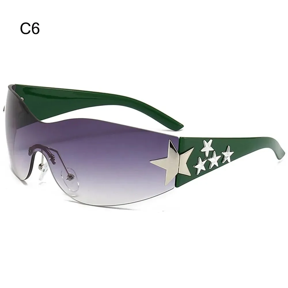 Star Wrap Around Sun Glasses Rimless Y2K Sunglasses for Women and Men Cool Black Sunglasses Shades for Beach