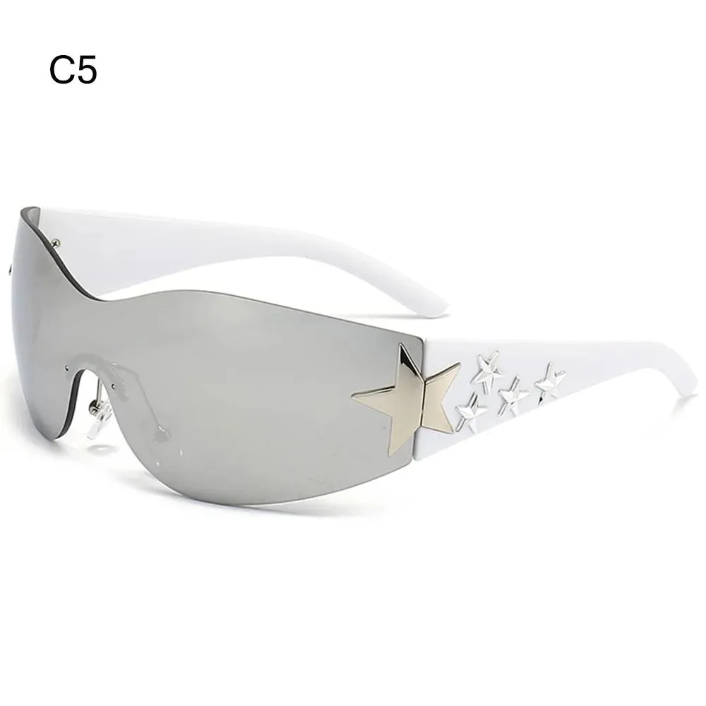 Star Wrap Around Sun Glasses Rimless Y2K Sunglasses for Women and Men Cool Black Sunglasses Shades for Beach