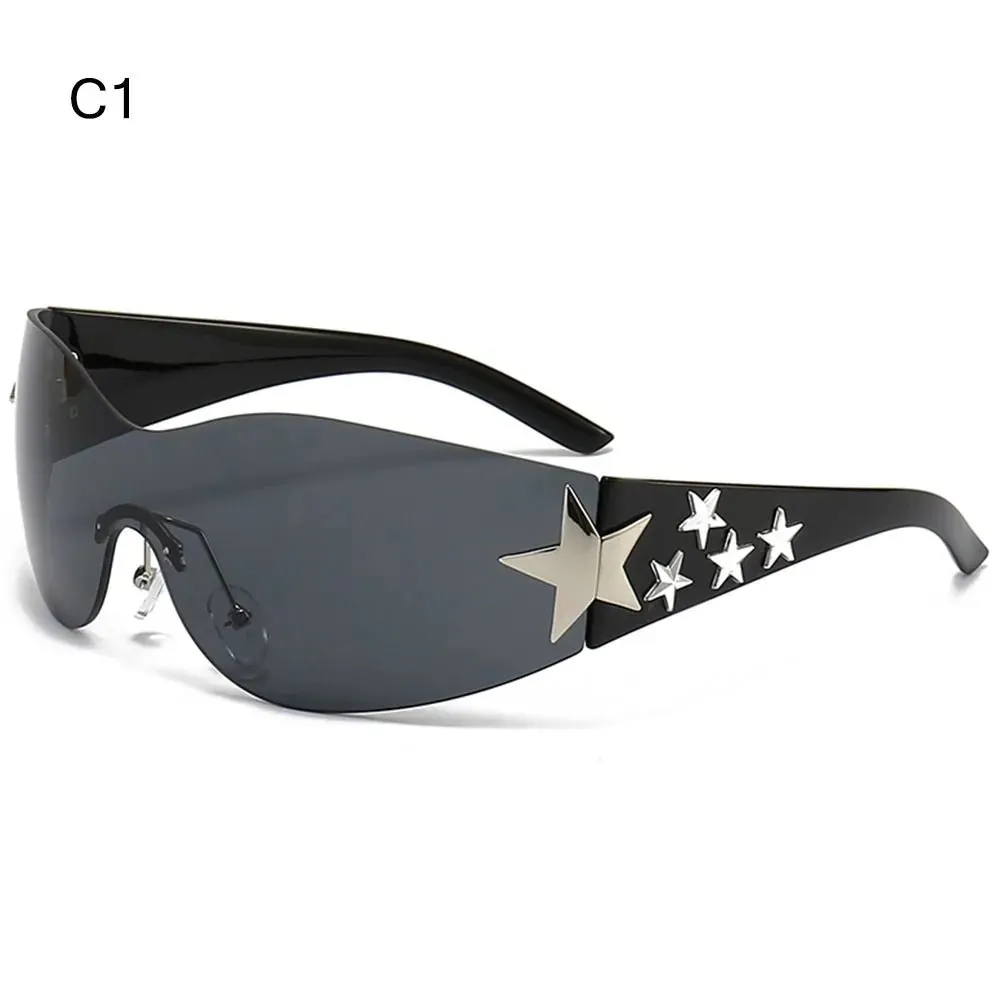 Star Wrap Around Sun Glasses Rimless Y2K Sunglasses for Women and Men Cool Black Sunglasses Shades for Beach
