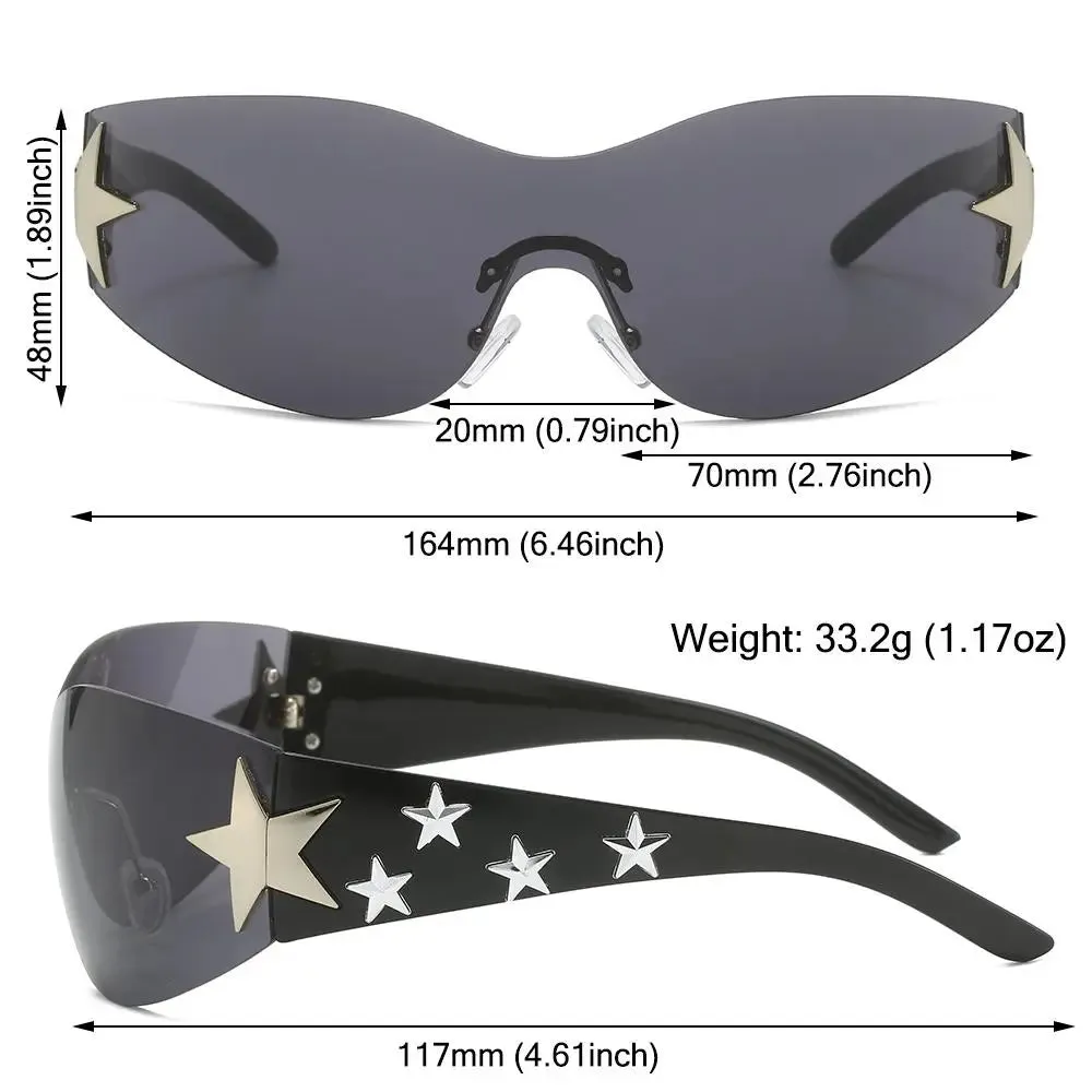 Star Wrap Around Sun Glasses Rimless Y2K Sunglasses for Women and Men Cool Black Sunglasses Shades for Beach