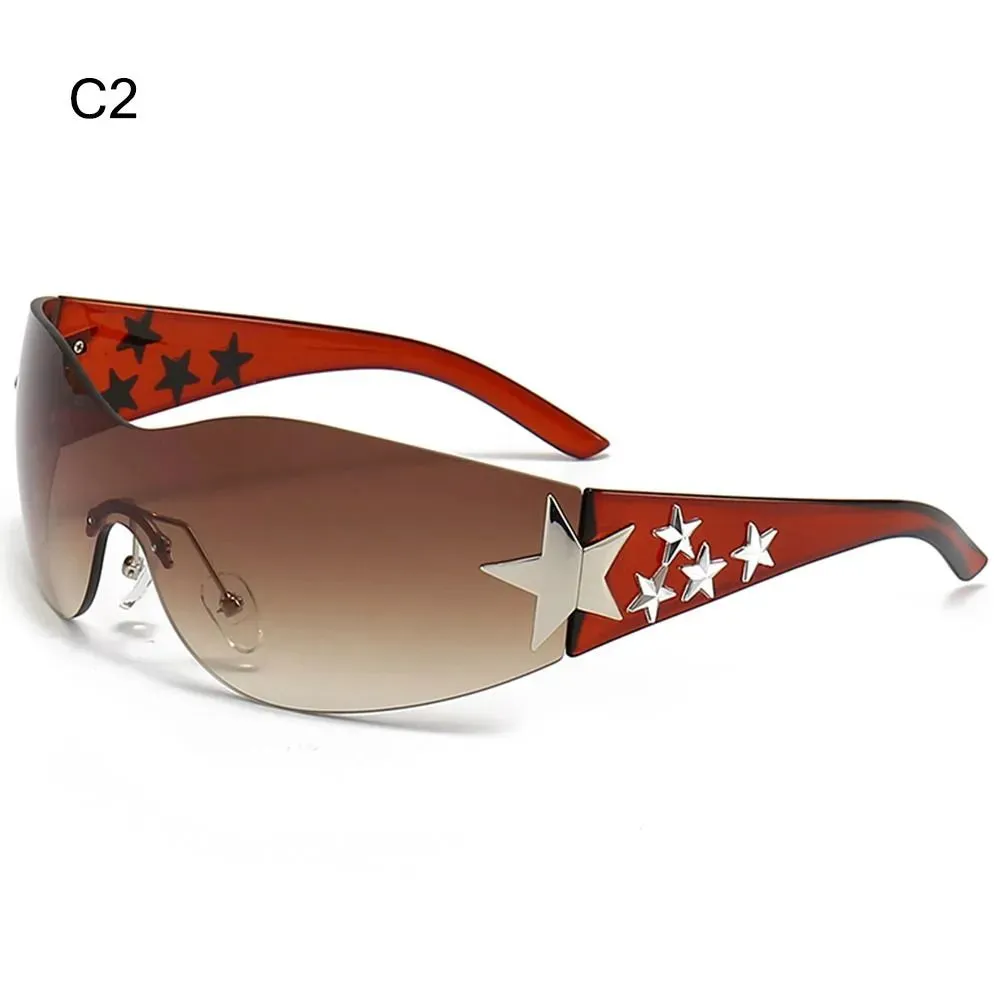 Star Wrap Around Sun Glasses Rimless Y2K Sunglasses for Women and Men Cool Black Sunglasses Shades for Beach
