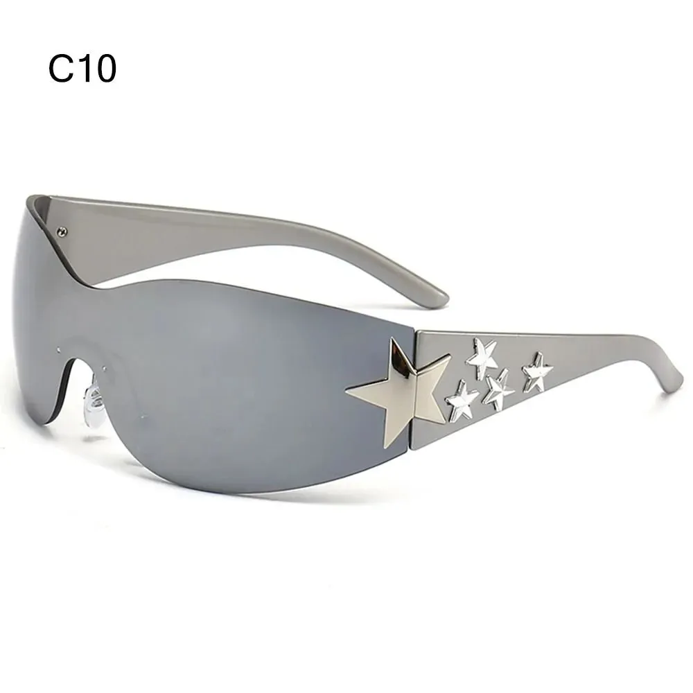 Star Wrap Around Sun Glasses Rimless Y2K Sunglasses for Women and Men Cool Black Sunglasses Shades for Beach