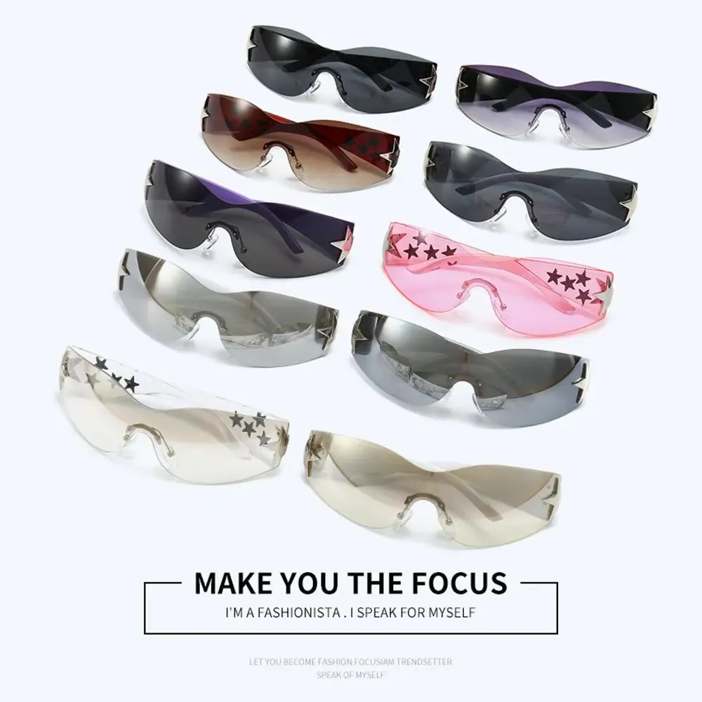 Star Wrap Around Sun Glasses Rimless Y2K Sunglasses for Women and Men Cool Black Sunglasses Shades for Beach