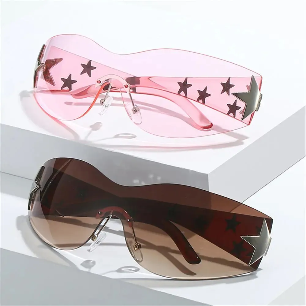 Star Wrap Around Sun Glasses Rimless Y2K Sunglasses for Women and Men Cool Black Sunglasses Shades for Beach