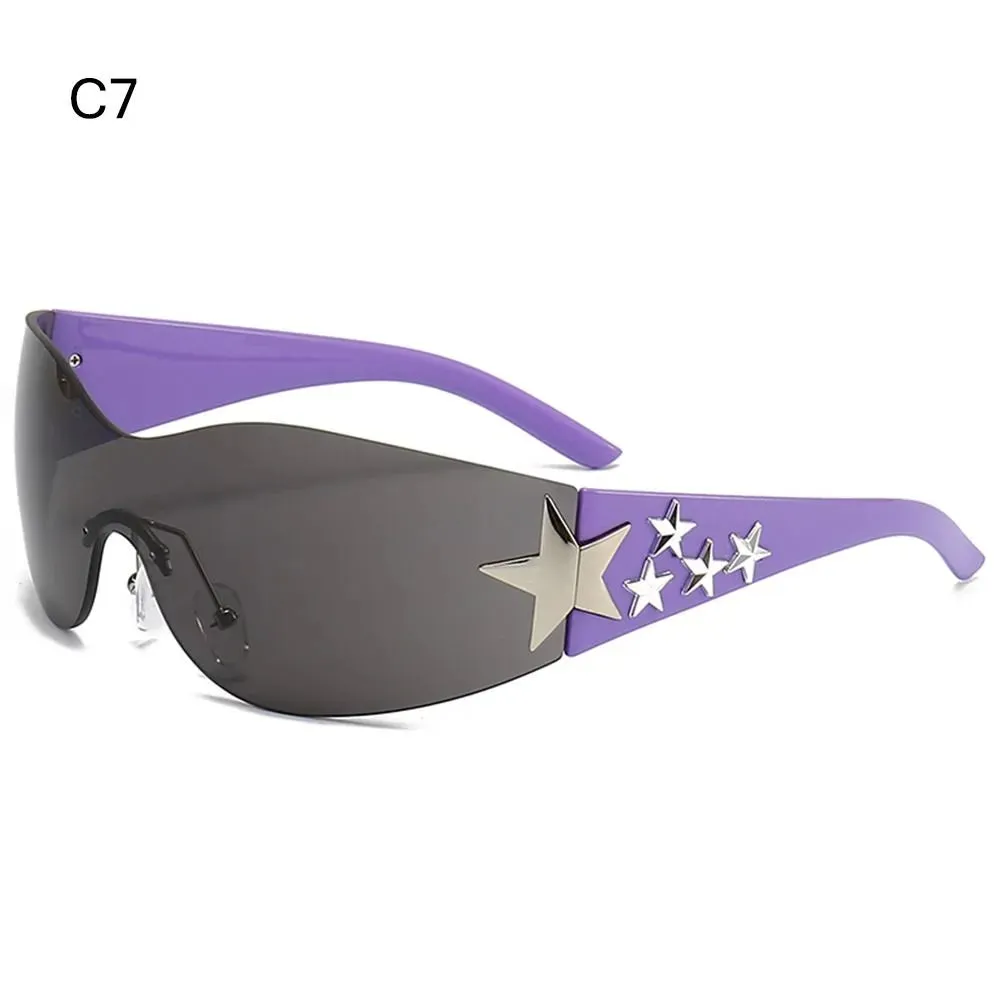 Star Wrap Around Sun Glasses Rimless Y2K Sunglasses for Women and Men Cool Black Sunglasses Shades for Beach