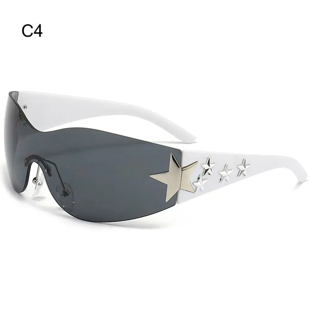 Star Wrap Around Sun Glasses Rimless Y2K Sunglasses for Women and Men Cool Black Sunglasses Shades for Beach