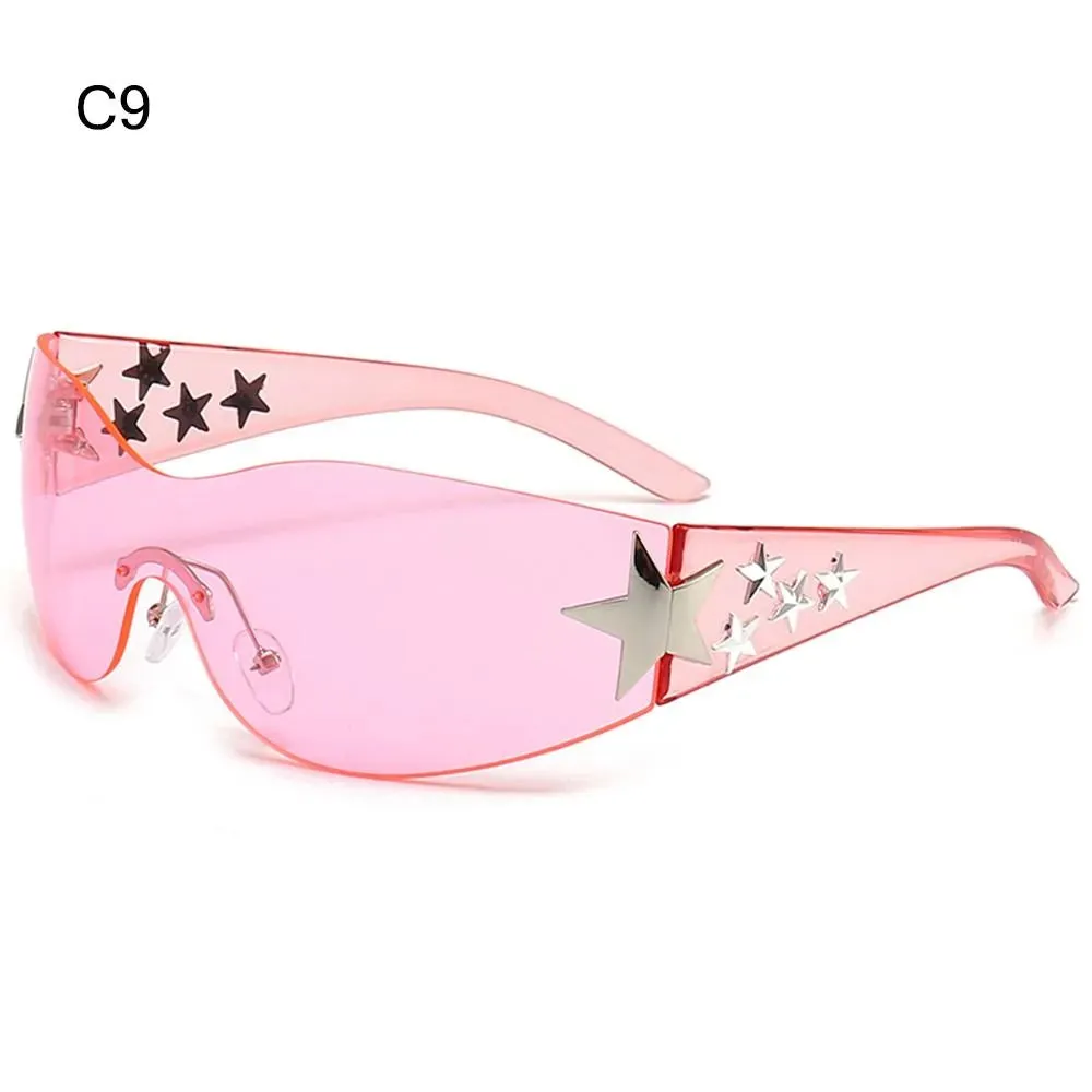 Star Wrap Around Sun Glasses Rimless Y2K Sunglasses for Women and Men Cool Black Sunglasses Shades for Beach