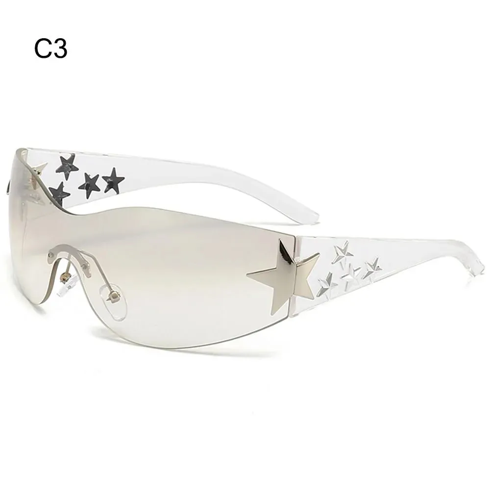 Star Wrap Around Sun Glasses Rimless Y2K Sunglasses for Women and Men Cool Black Sunglasses Shades for Beach