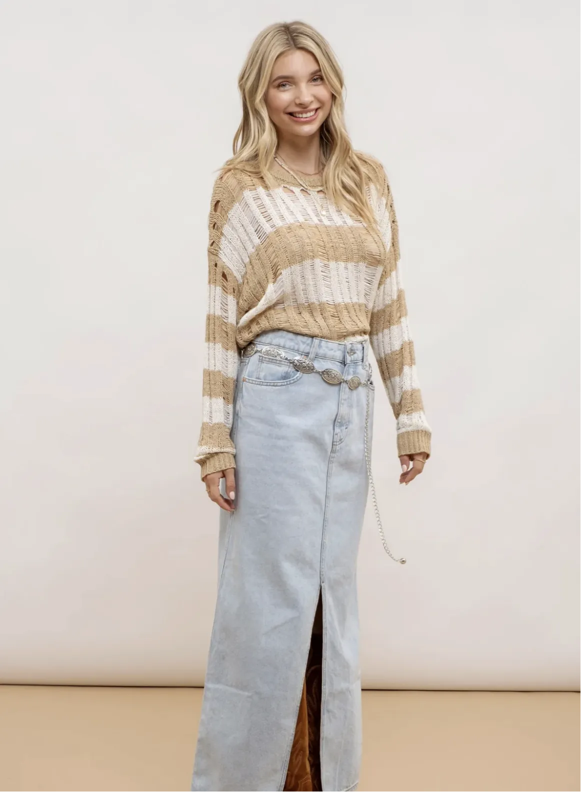 Striped Ladder Knit Pullover Beach Sweater
