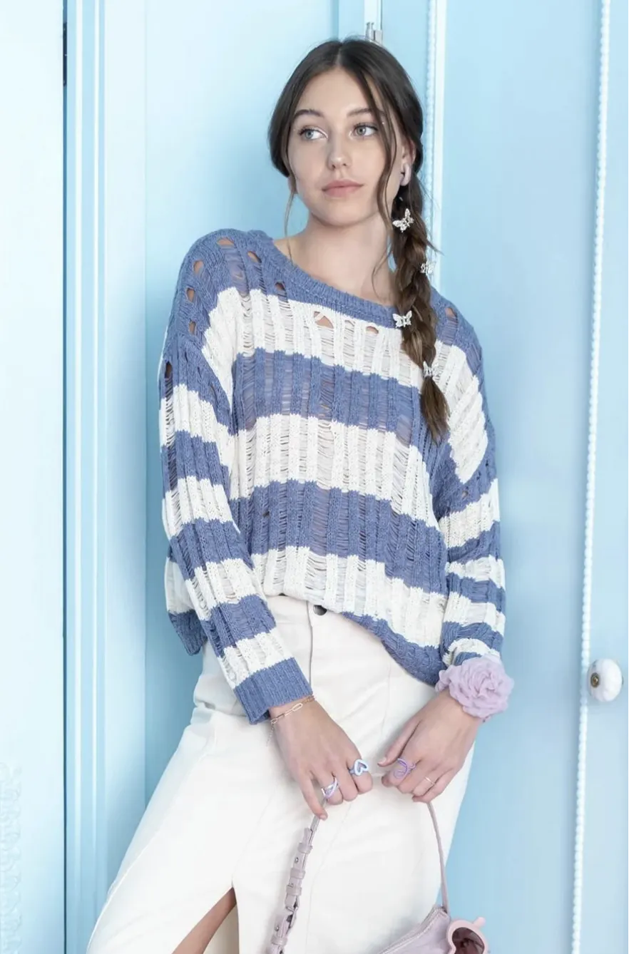 Striped Ladder Knit Pullover Beach Sweater