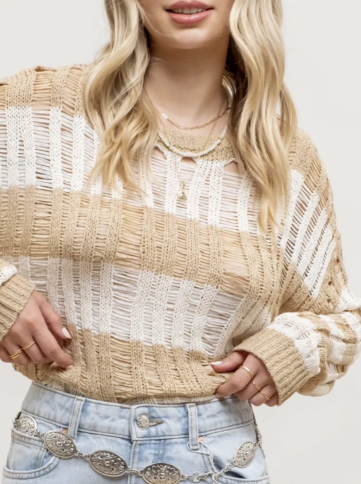 Striped Ladder Knit Pullover Beach Sweater