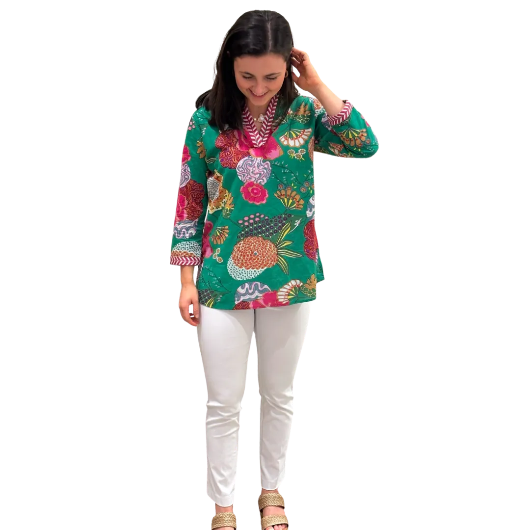 The Brie Floral Printed Cotton Tunic in Jade