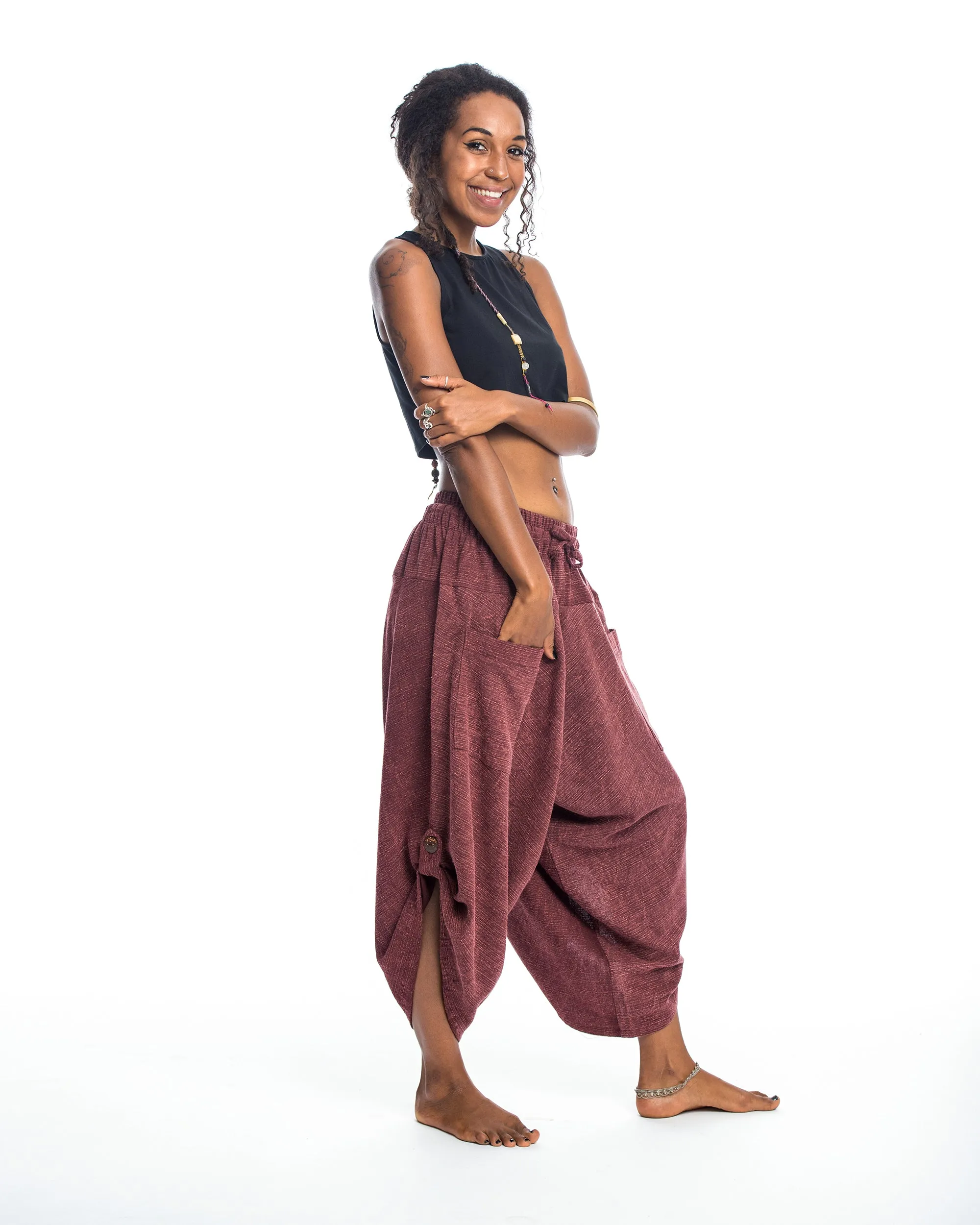 Unisex Stone Washed Large Pockets Harem Pants in Maroon