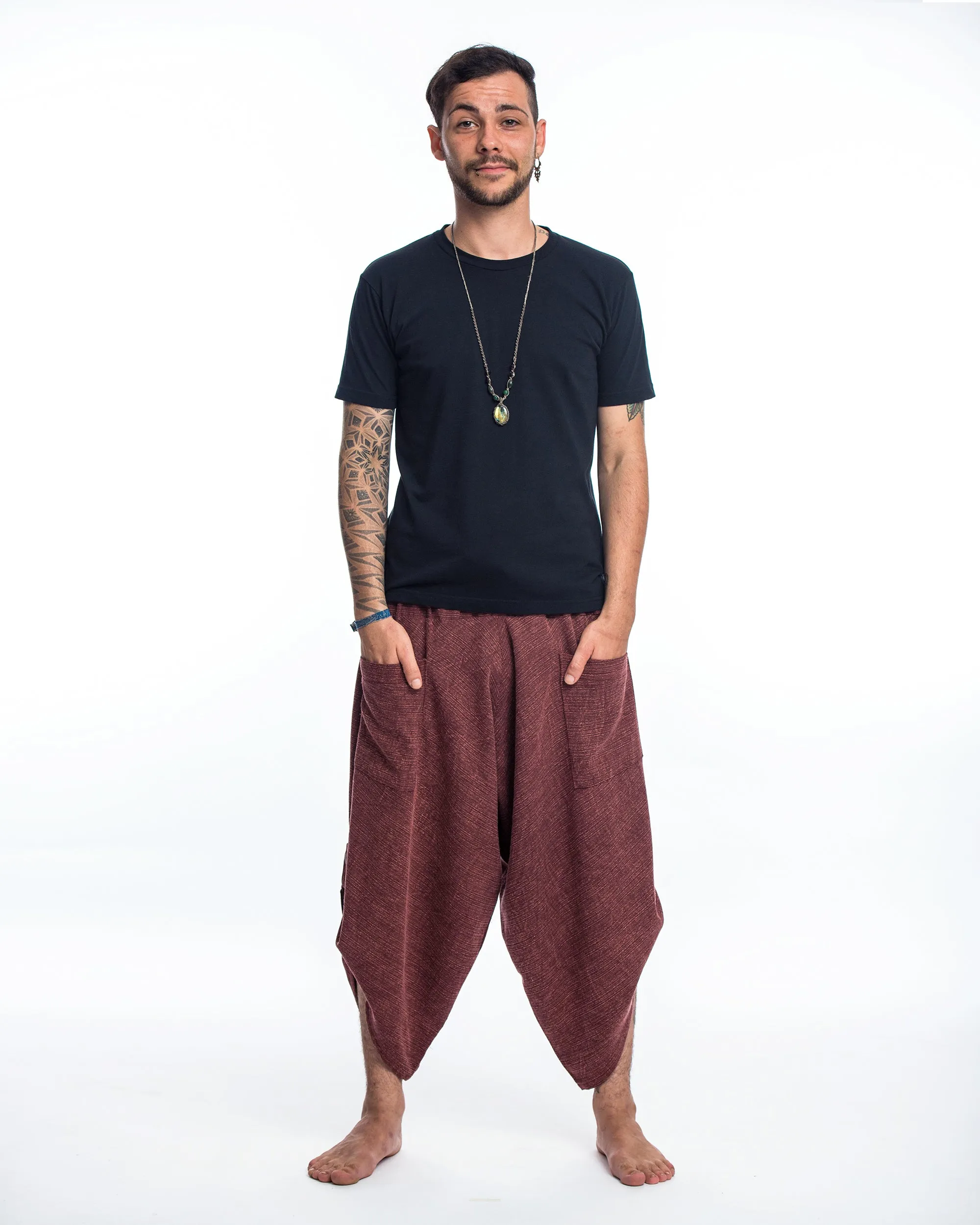 Unisex Stone Washed Large Pockets Harem Pants in Maroon