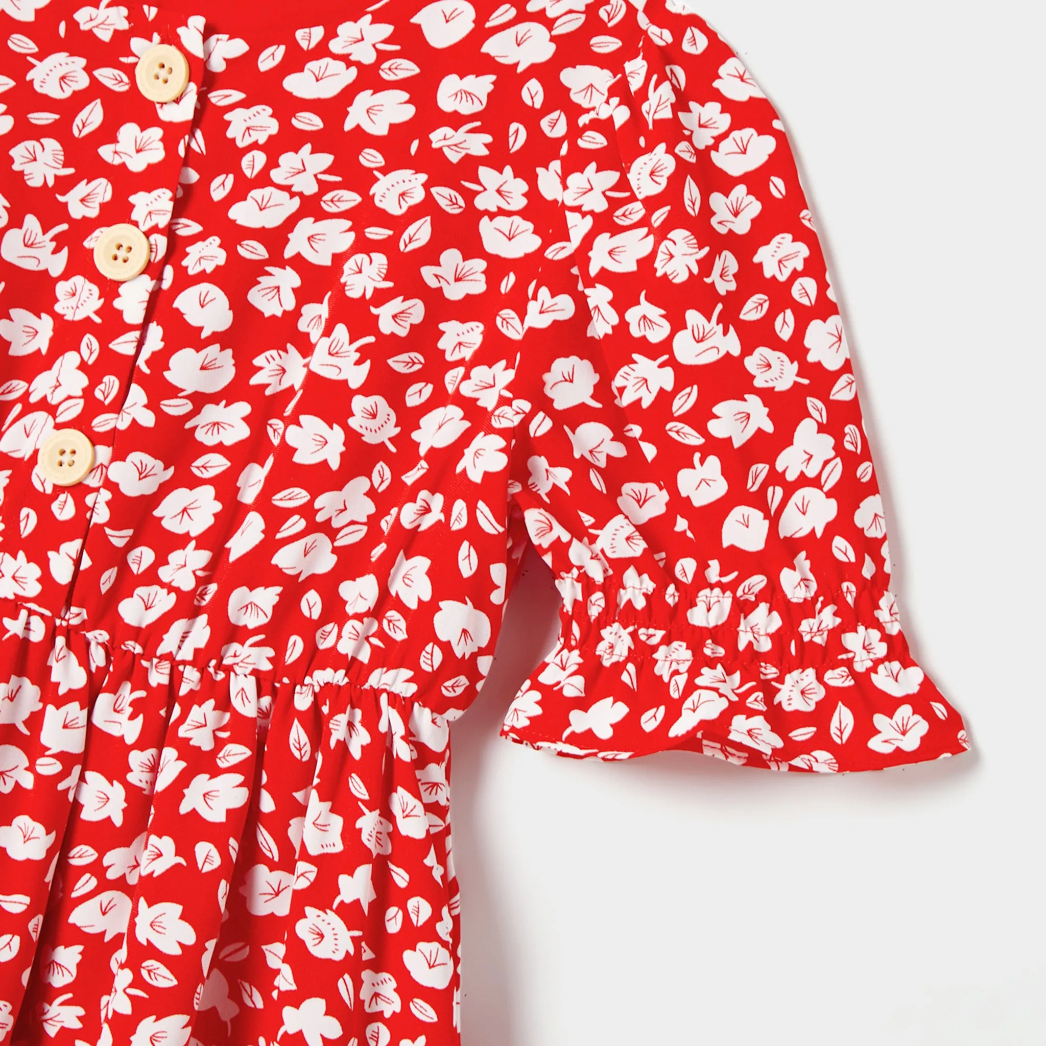 Valentine's Day Family matching Stripe T-shirt and Ditsy Floral Puff Sleeve Button Front Wrap Dress Sets