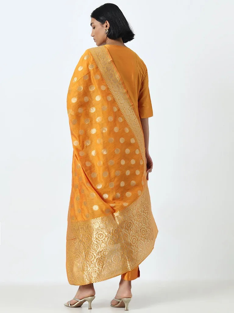 Vark Orange A-Line Kurta, Ethnic Pants and Brocade Design Dupatta Set
