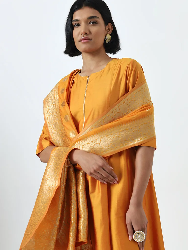 Vark Orange A-Line Kurta, Ethnic Pants and Brocade Design Dupatta Set
