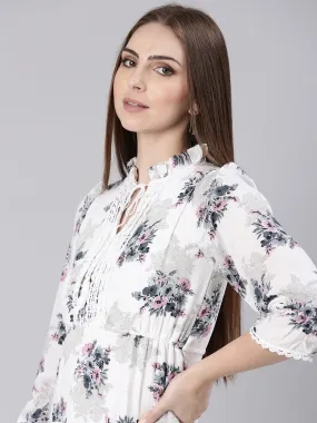 Women White Floral Fit and Flare Dress