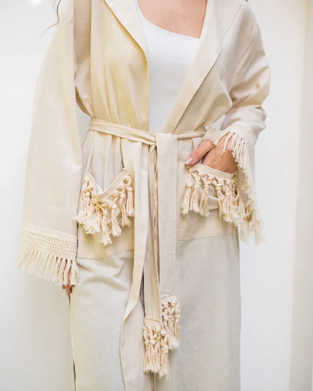 Women's Beige Linen Cardigan - New Collar, Lightweight, Stylish Top - Made in Egypt