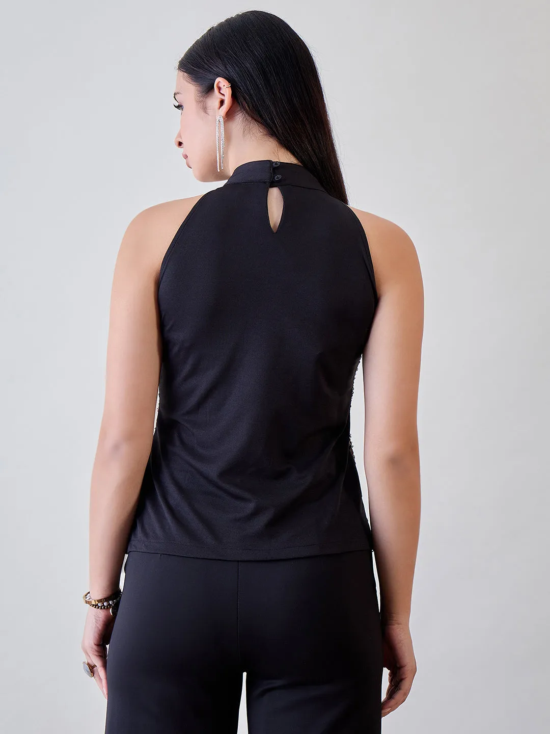 Women's Black Polyester Embellished Sequined Top - The Kaftan Company