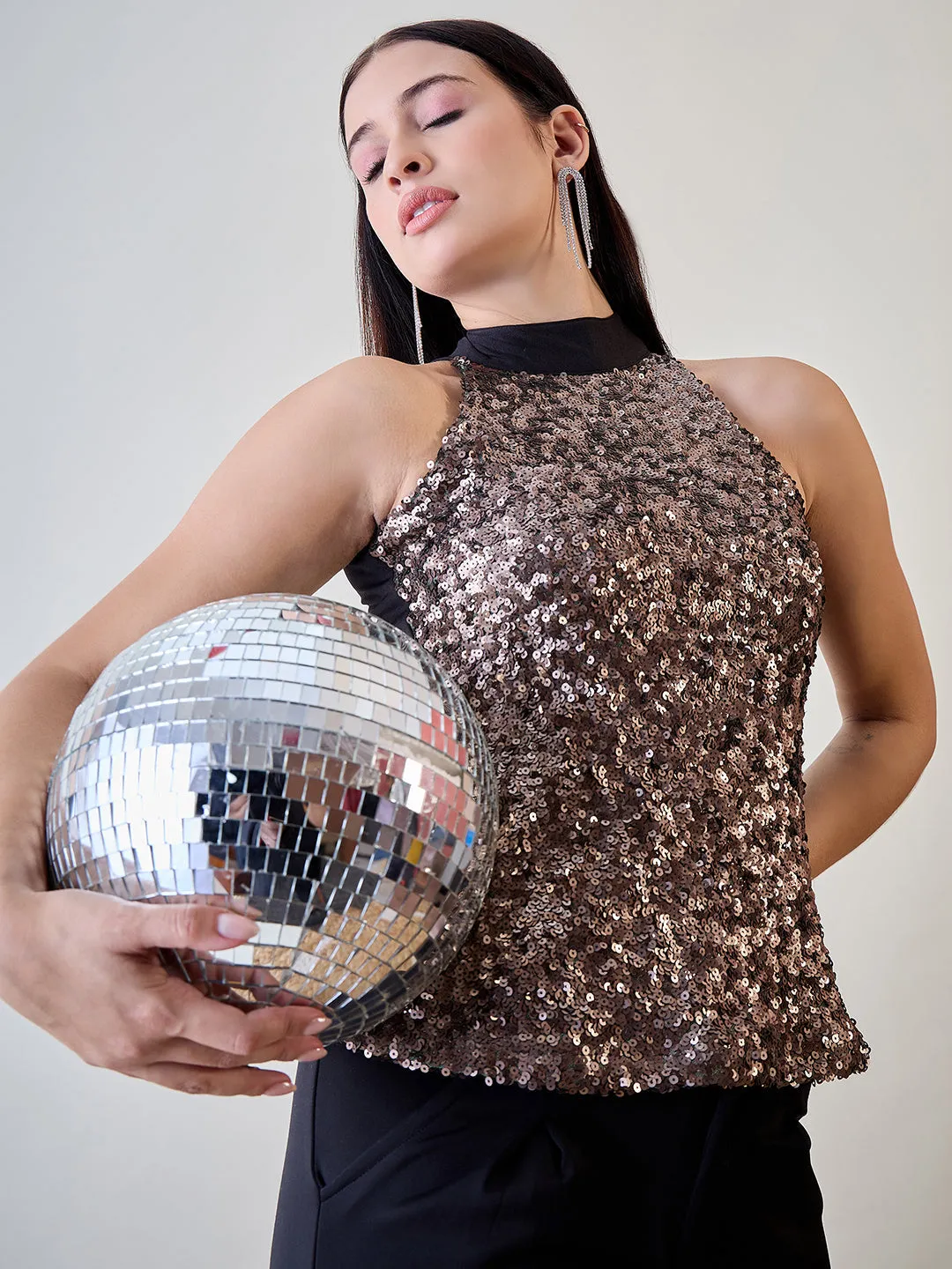 Women's Black Polyester Embellished Sequined Top - The Kaftan Company
