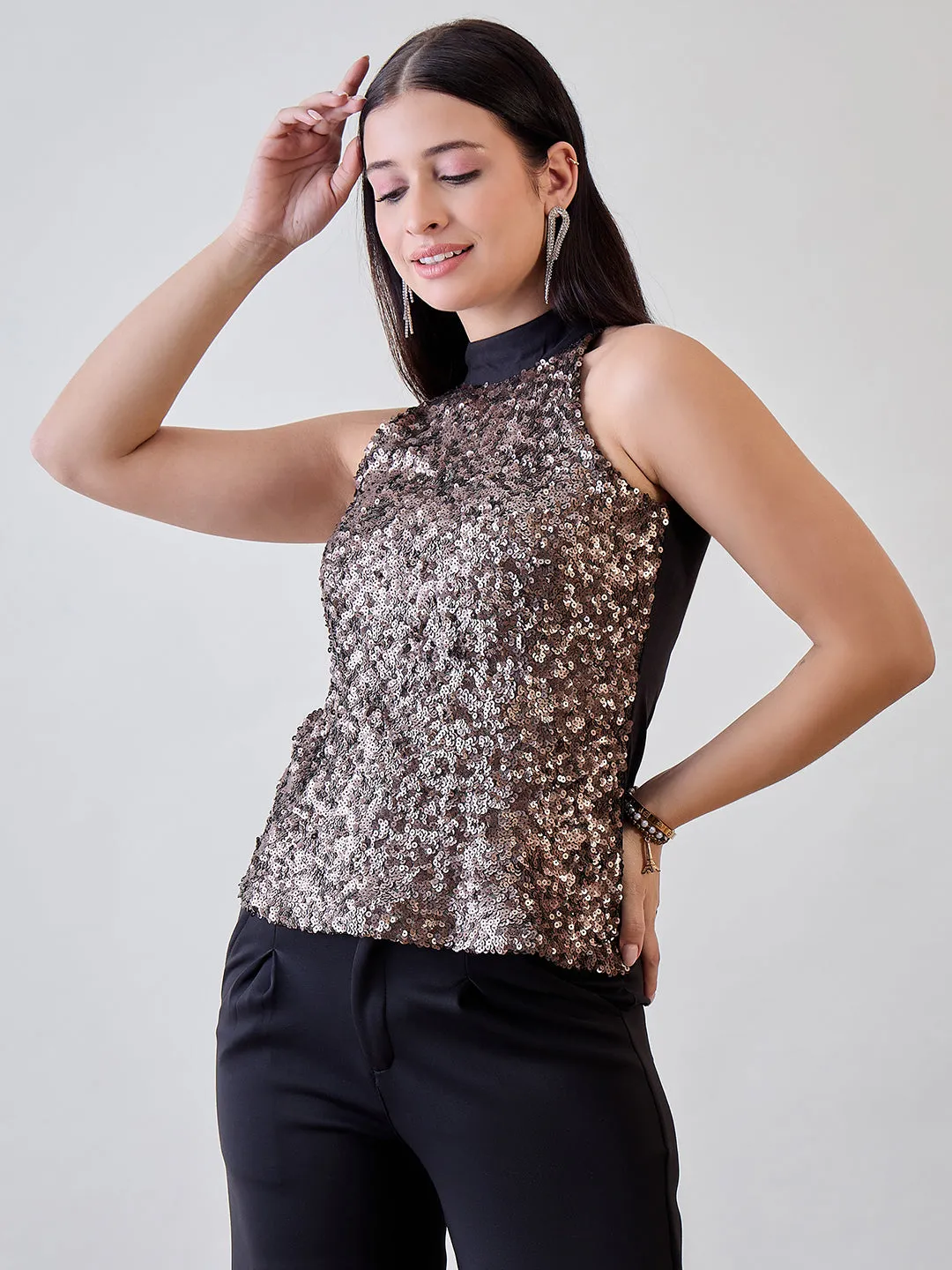 Women's Black Polyester Embellished Sequined Top - The Kaftan Company