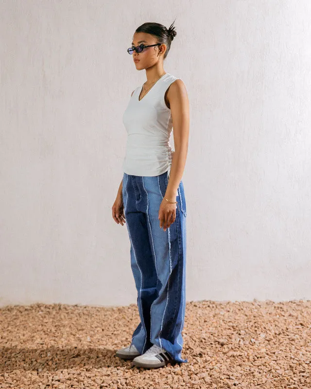 Women's Off-White Cotton Ripped V-Neck Sleeveless Top - Made in Egypt