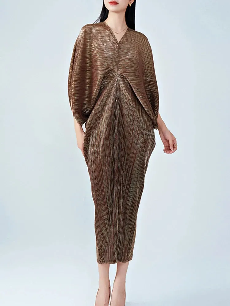 Women's V-Neck Flutter Sleeve Pleated Midi Dress