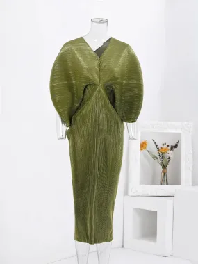 Women's V-Neck Flutter Sleeve Pleated Midi Dress