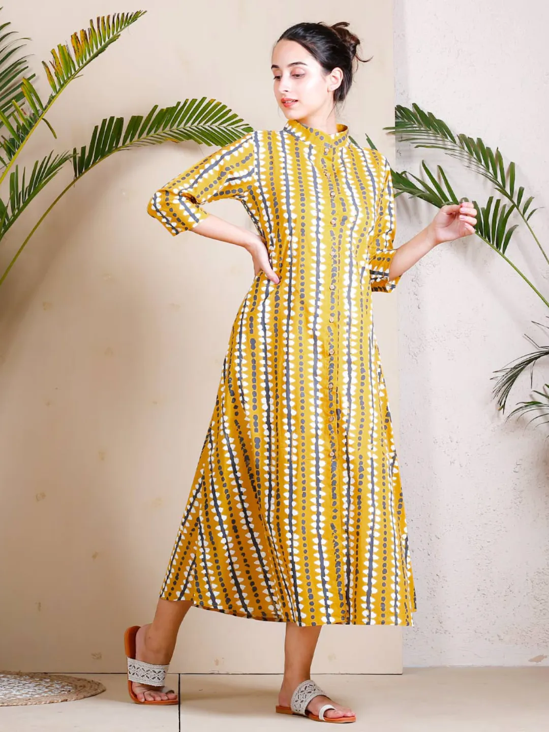 Yellow Stone Printed Shirt Dress